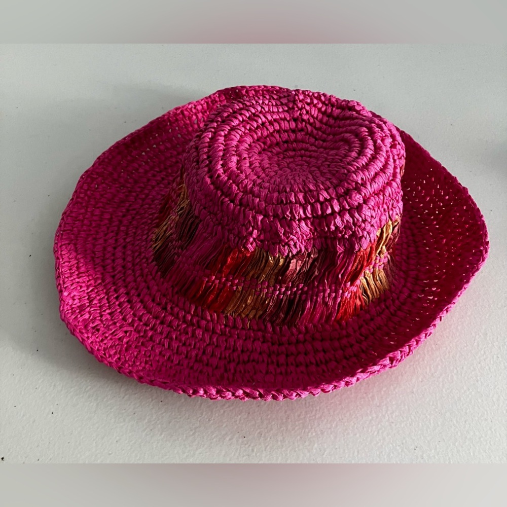Crochet paper woven pink sun hat with colors accent